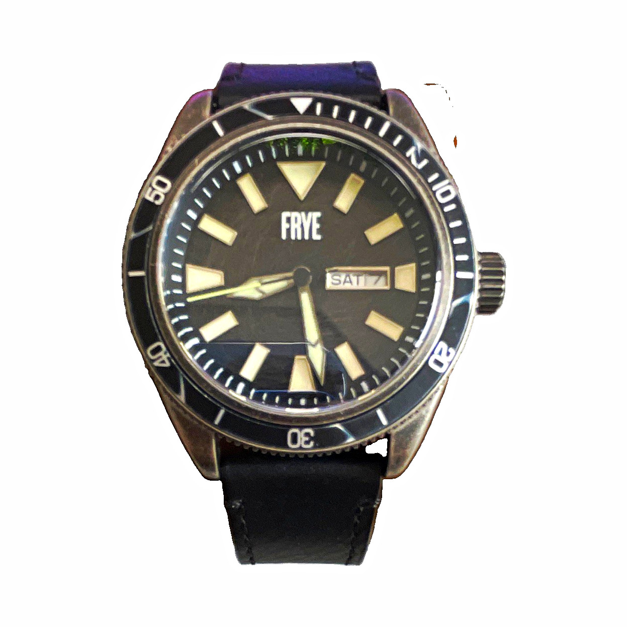 Frye Quartz 42mm 10 ATM Diver Black Dial Black Leather Strap Day/Date