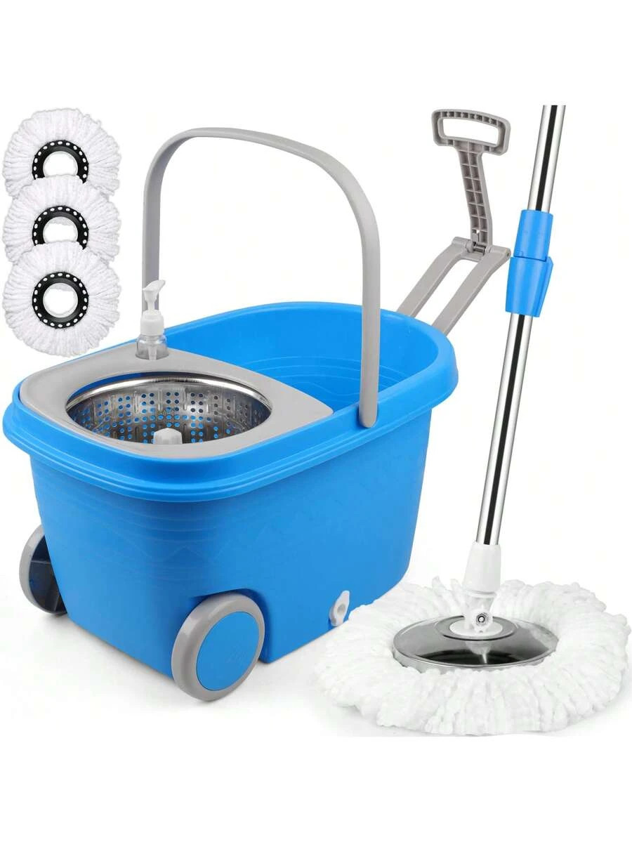 360° Spinning Mop Bucket 3 Washable Microfiber Pads Adjustable