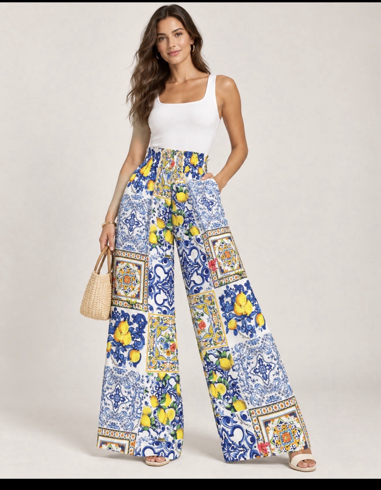 NWT Luisa Positano 100% Linen Lemon Tile Print High Waist Wide Leg Pants Italy