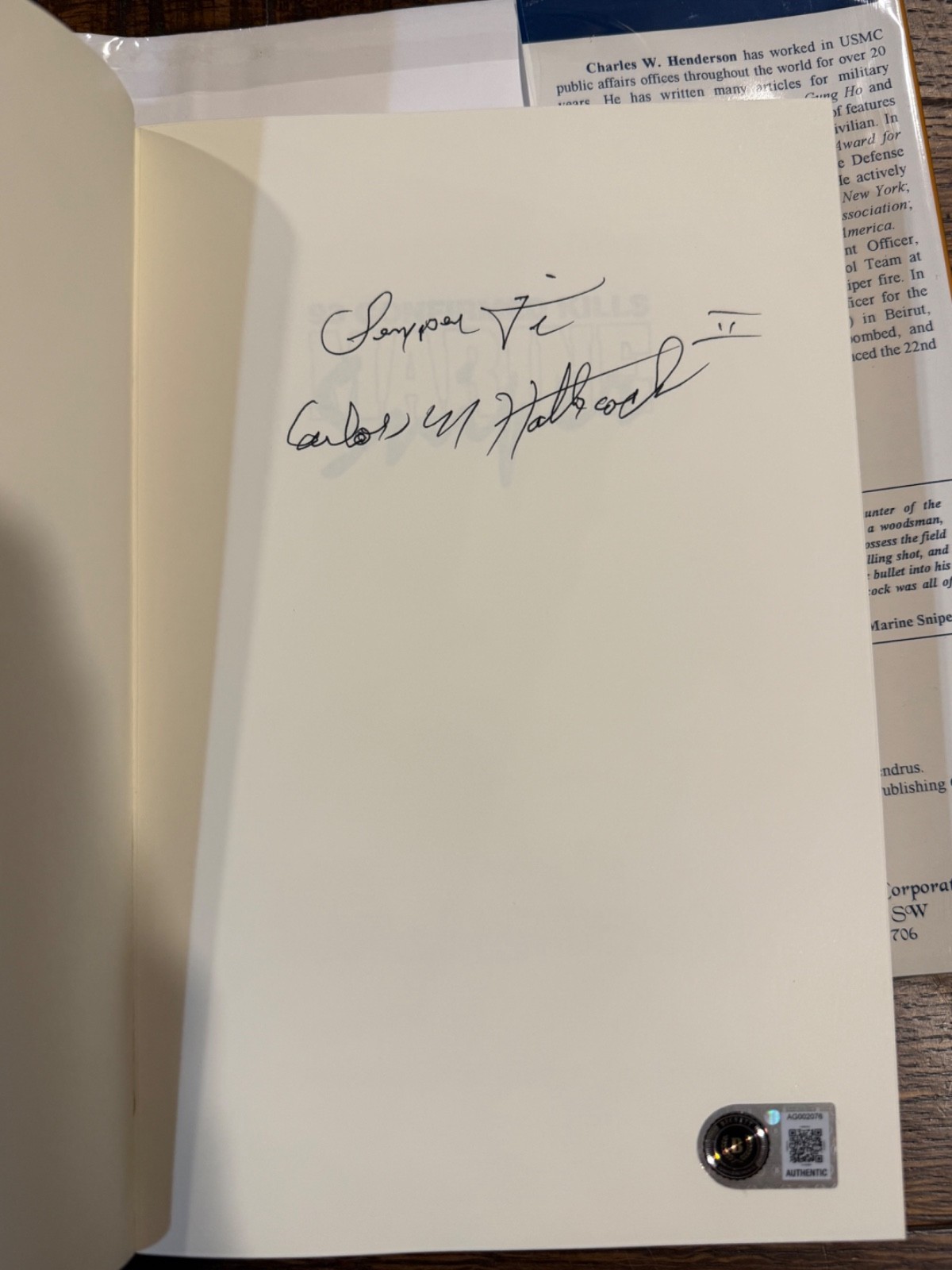 Carlos Hathcock Signed “Semper Fi”  Marine Sniper Book BAS Beckett LOA