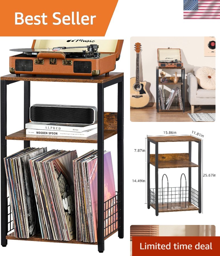 Elegant 3-Tier Turntable Stand with Customizable Storage - Rustic Brown Finish