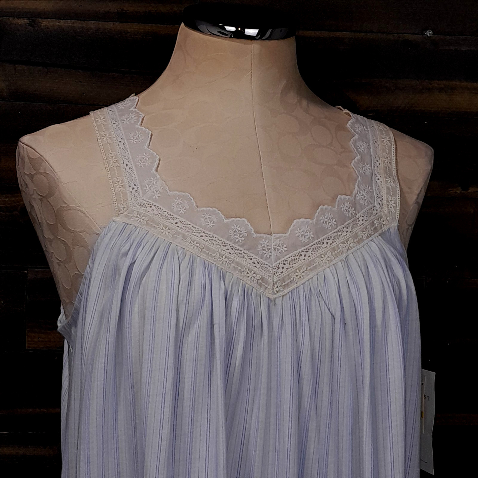 Eileen West Nightgown Womens M Blue Cotton Dobby Stripe Lace Yoke V Neck NWT