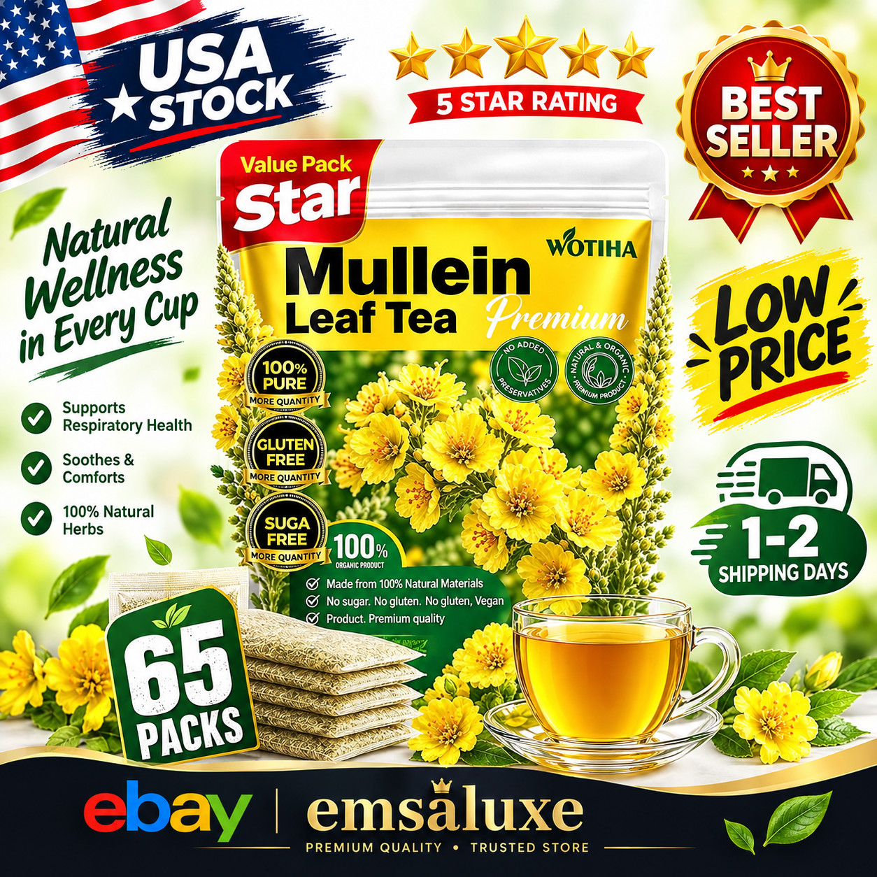 65 Count Value Pack Premium Mullein Leaf Tea Bags - 100% Pure Natural Herbal ...