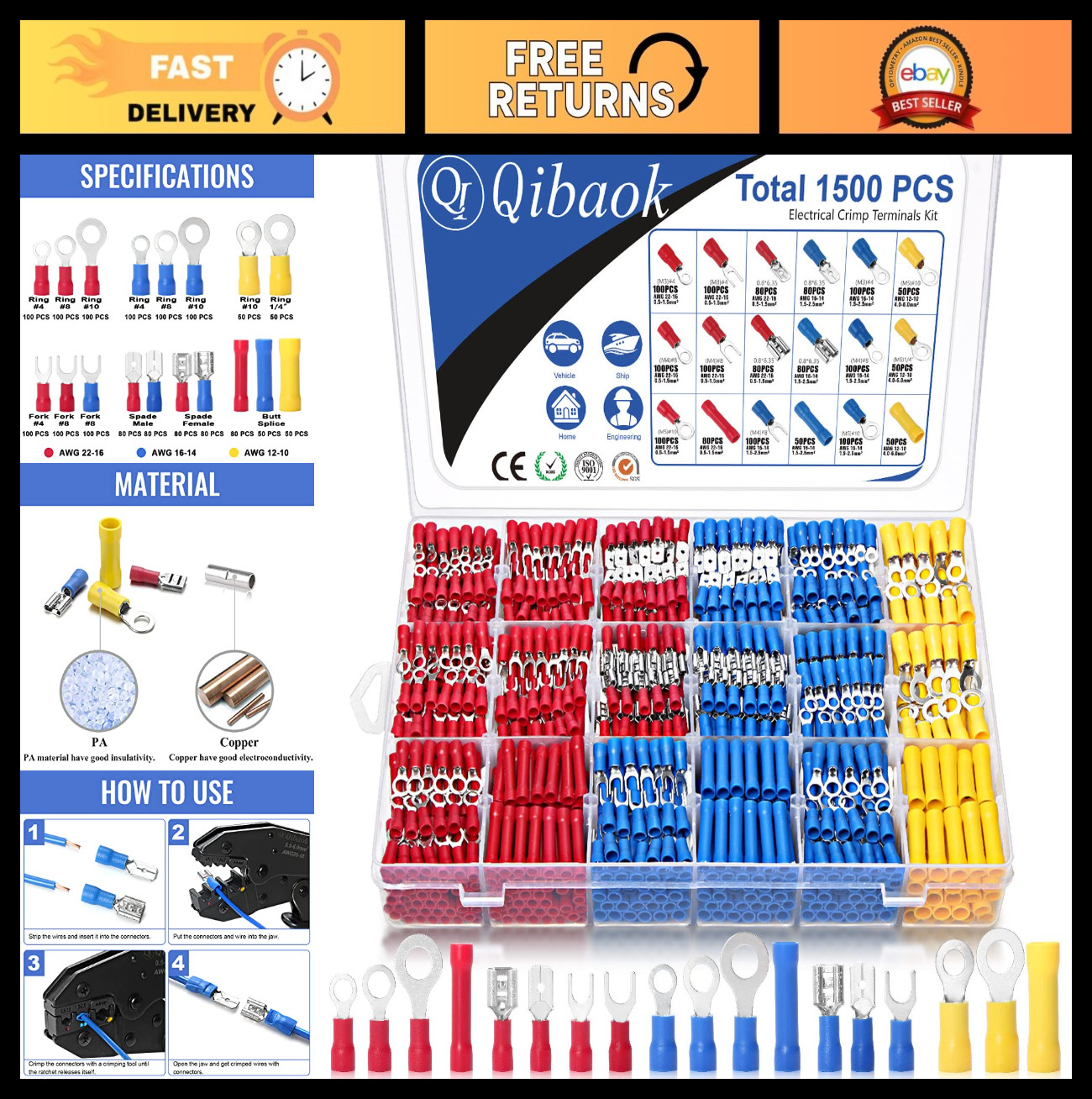 1500pcs Insulated Electrical Wire Connectors Kit - Ring, Butt, Spade, Fork Termi 1500pcs Insulated Electrical Wire Connectors Kit - Ring, Butt, Spade, Fork Termi