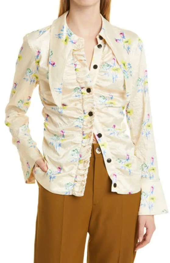 GANNI Floral Ruched Crinkled Cream Satin Long Sleeve Shirt, Size 44 | 14