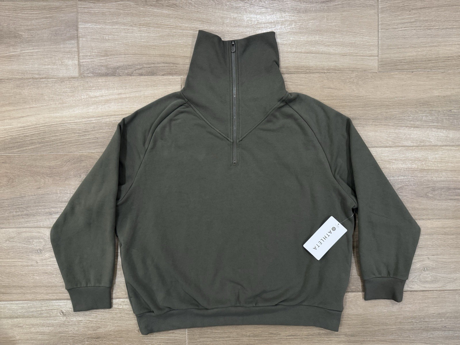 New Athleta Easy Fleece 1/4 Zip Sweatshirt XL Relaxed Green/Gray Boho Athleisure