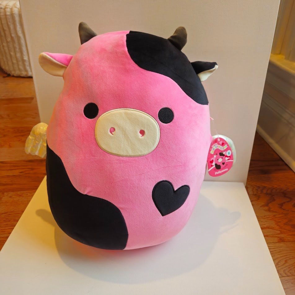 NEW Squishmallows 16” Inch Pollyanna Hot Pink & Black Cow With Heart & Wings NWT