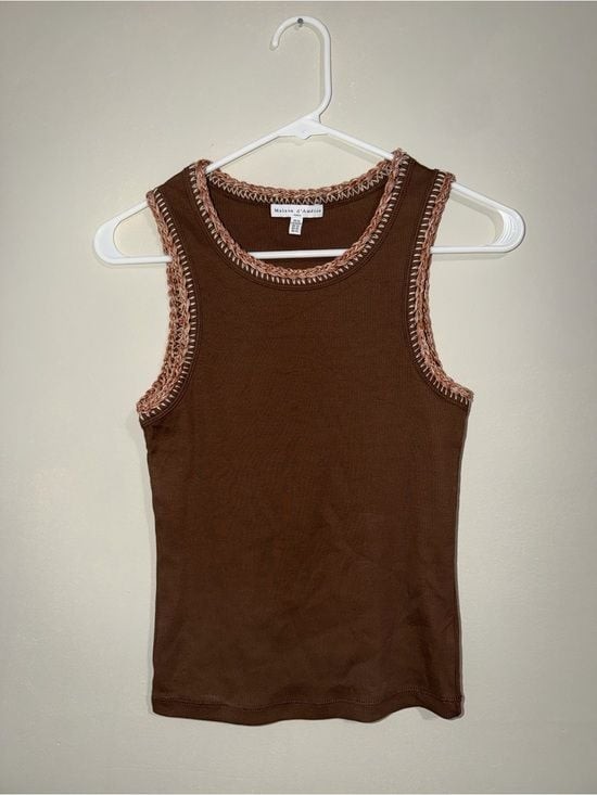 Maison d’Amélie Paris XS Brown Knit Tank Top Crochet Trim Boho
