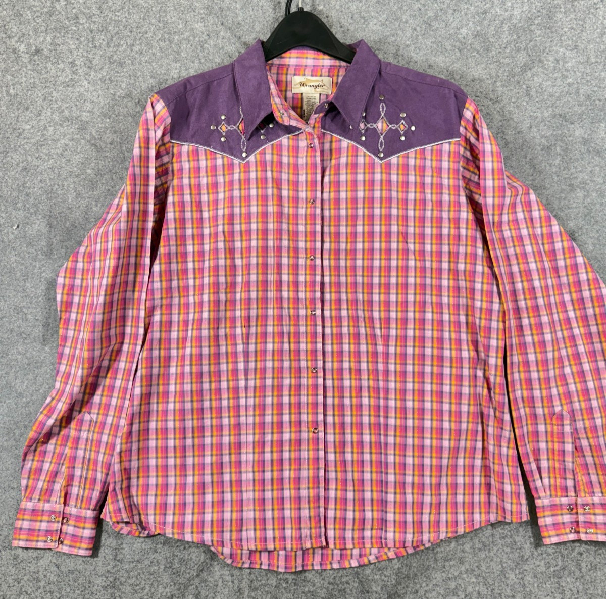 Wrangler Western Shirt Womens XL Pink Purple Plaid Embroidered Pearl Snap NWOT