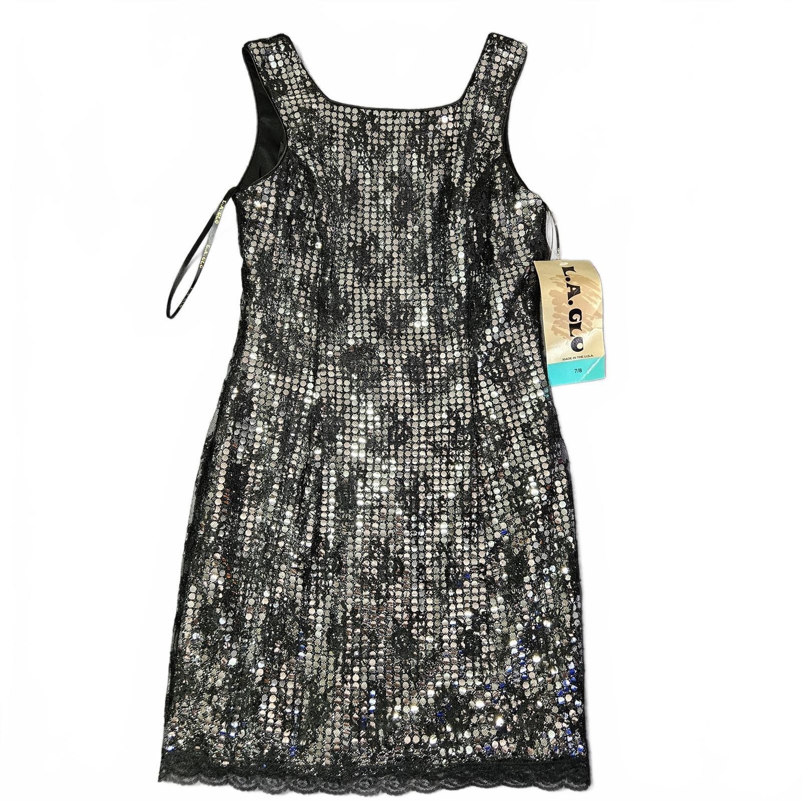 Vintage 90s NEW LA Glo Black Dress 7/8 USA Shimmer Sequin Lace Mini Above Knee