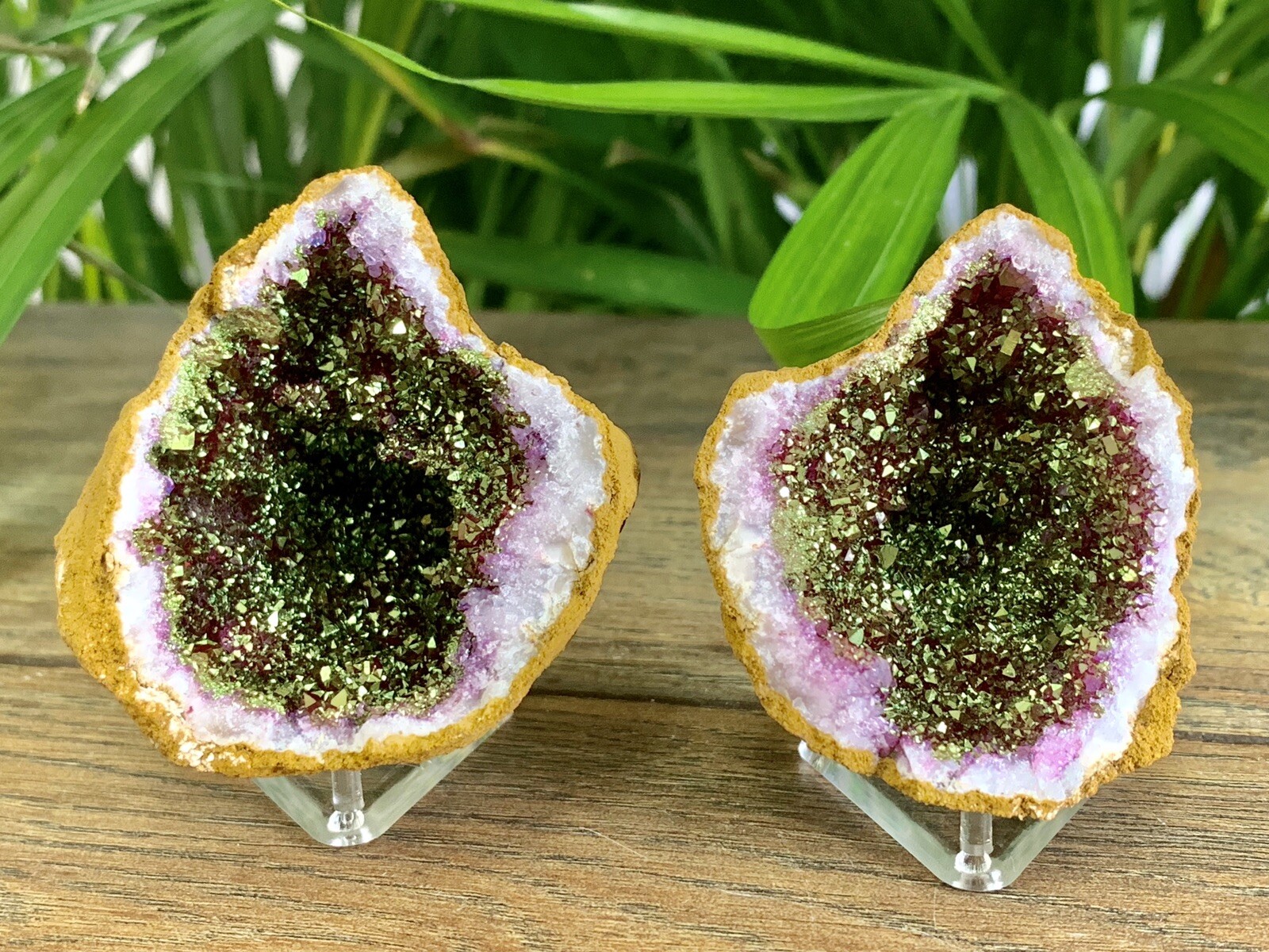 Gold Pink Geode Pair Crystal Quartz Gemstone Specimen Dyed Morocco Geode Reiki.