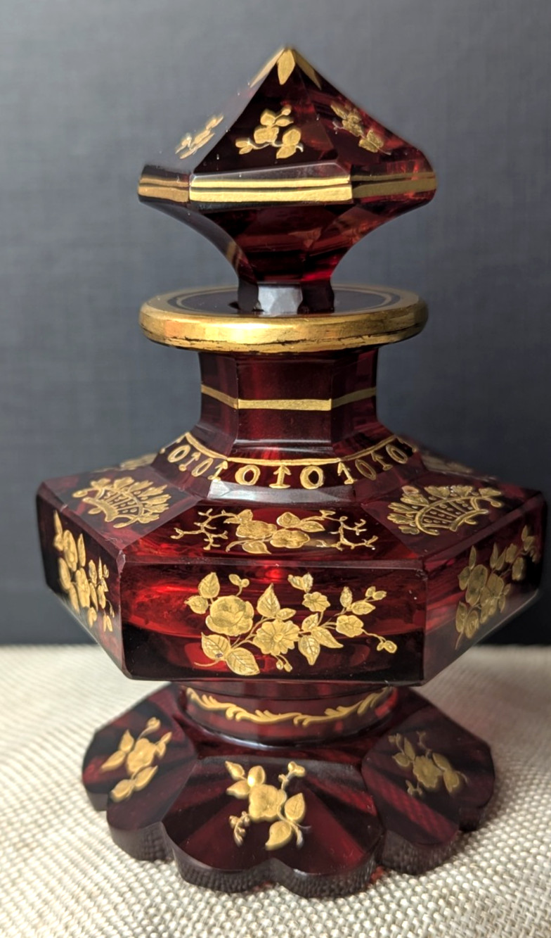 Antique Biedermeier Bohemian Ruby Glass Perfume Bottle - Moser Style Gold Gilt