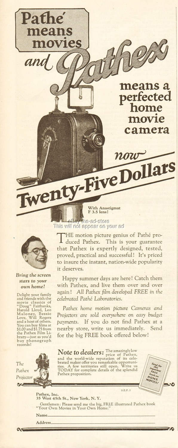 1926 Pathex Home Movie Camera Projector Harold Lloyd New York City NY Vintage Ad