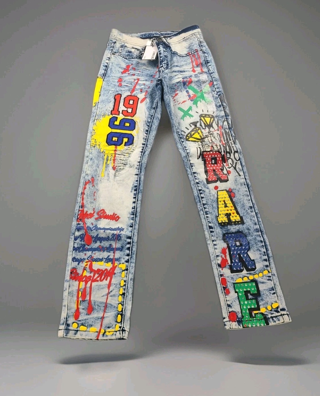 rue21 Premium Mens Skinny Jeans 38x32 Graffiti 1996 Paint Splatter Acid Wash NWT