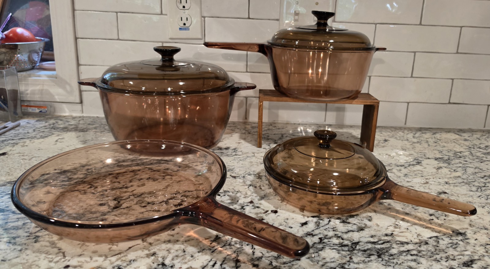 VTG Corning Visions Amber Glass Cookware 7pc Set Skillets Saucepan Stockpot Lids