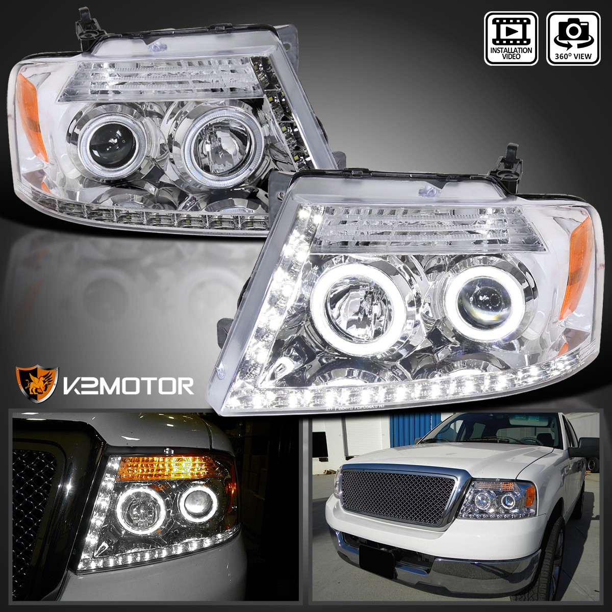 Fits 2004-2008 Ford F150 2006-2008 Lincoln Mark LT LED Halo Projector Headlights
