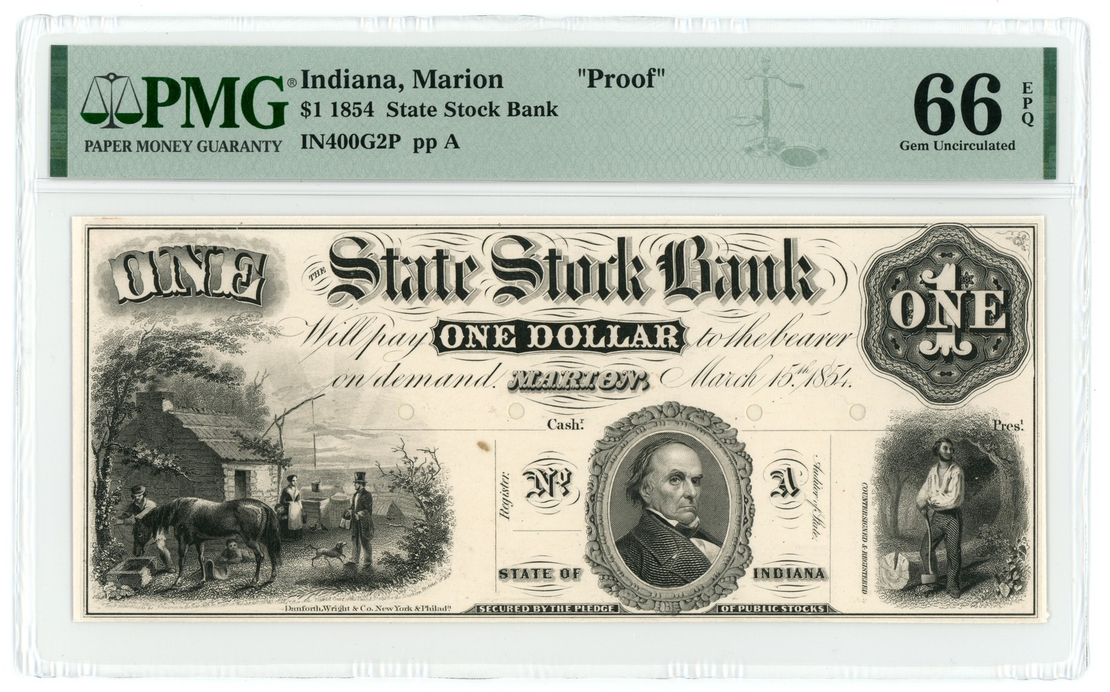 1854 State Stock Bank Marion Indiana $1 Proof IN400-G2p PMG 66 EPQ (68397)