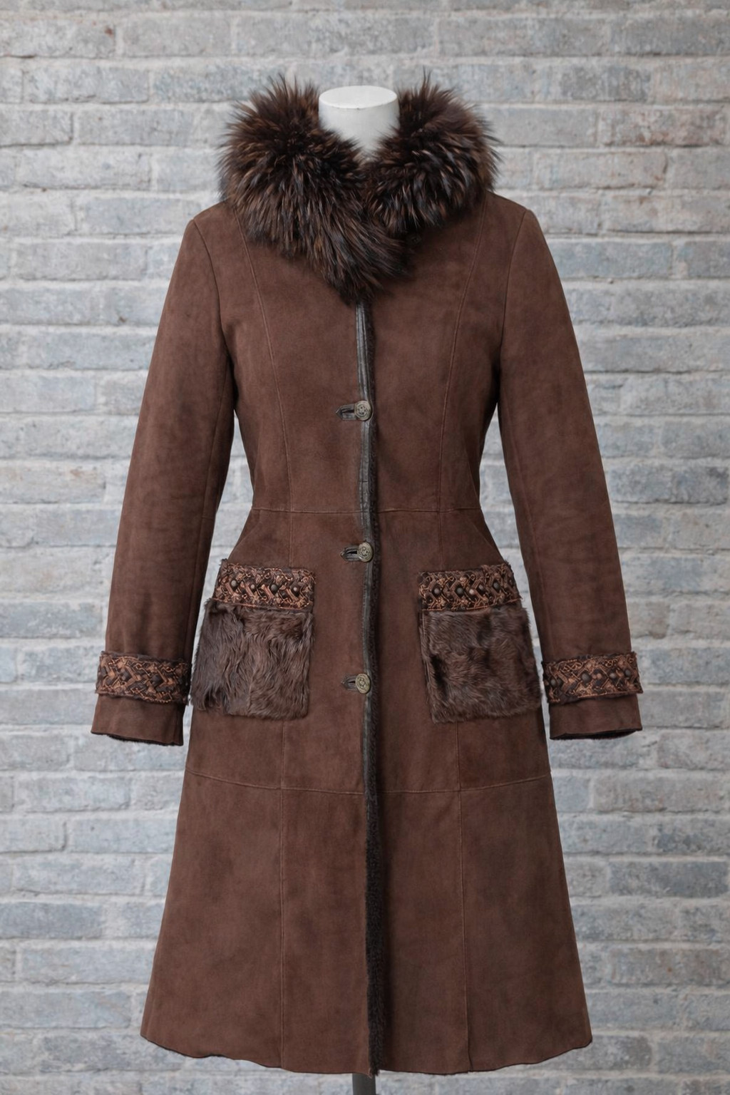 Vintage Via Veneto Shearling Sheepskin Coat Brown Real Fur Collar Pony Hair Trim