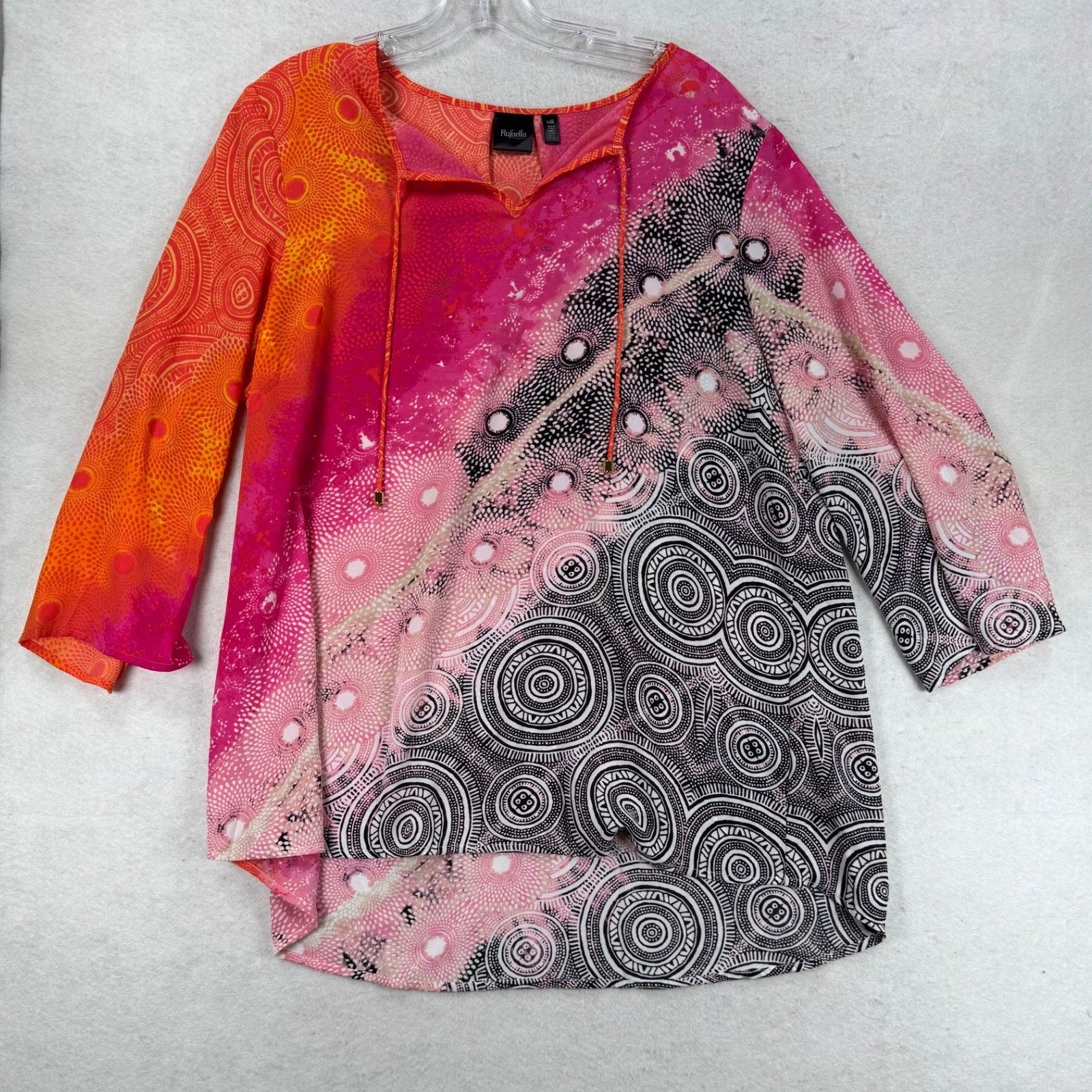 Rafaella Womens Large Abstract Geometric Print Tunic Top Pink Orange 3/4 Sleeve