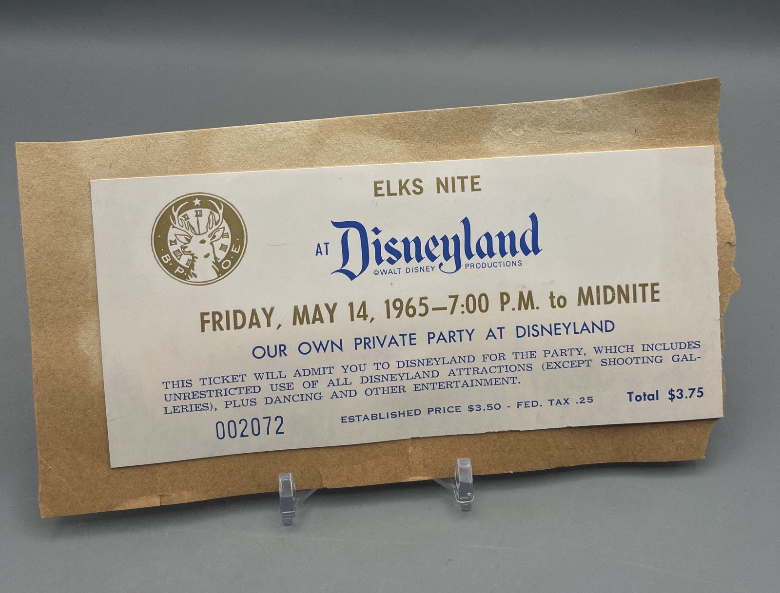 Vintage Disneyland Admission Ticket 1965 Special Event Night
