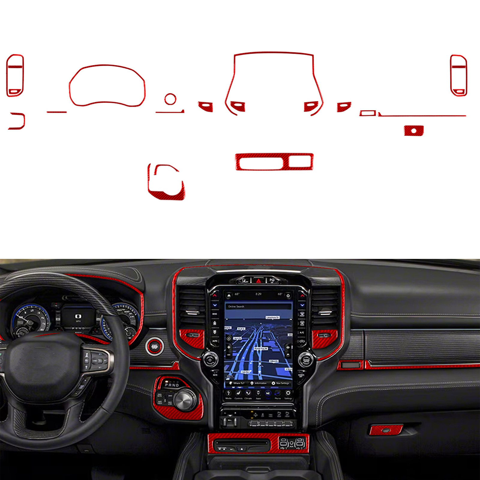 19Pcs Red Carbon Fiber Full Kits Interior Trim For RAM 1500 2500 3500 2019-2024