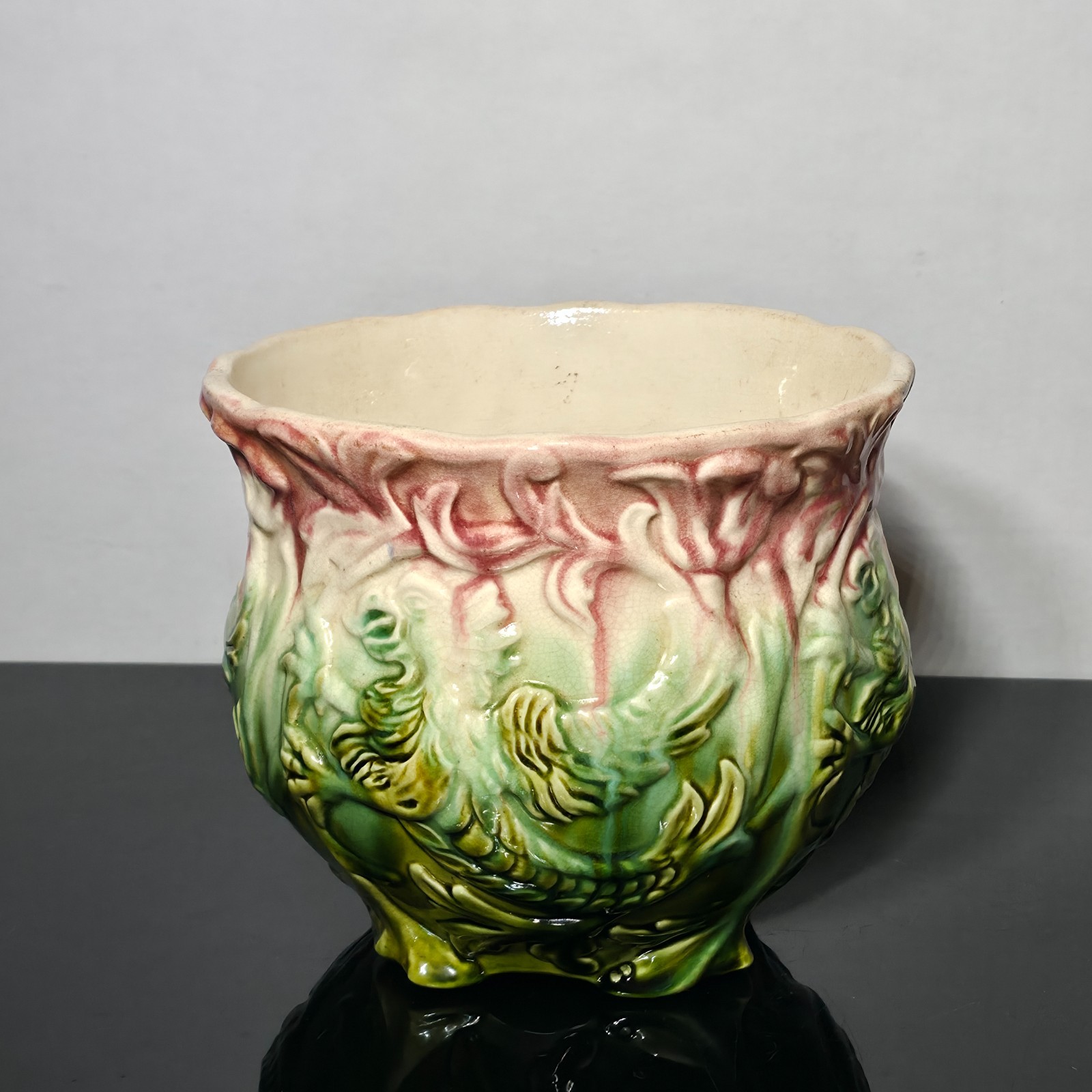Antique J.B. Owens Pottery Majolica Jardiniere Rooster Birds Blended Glaze c1900