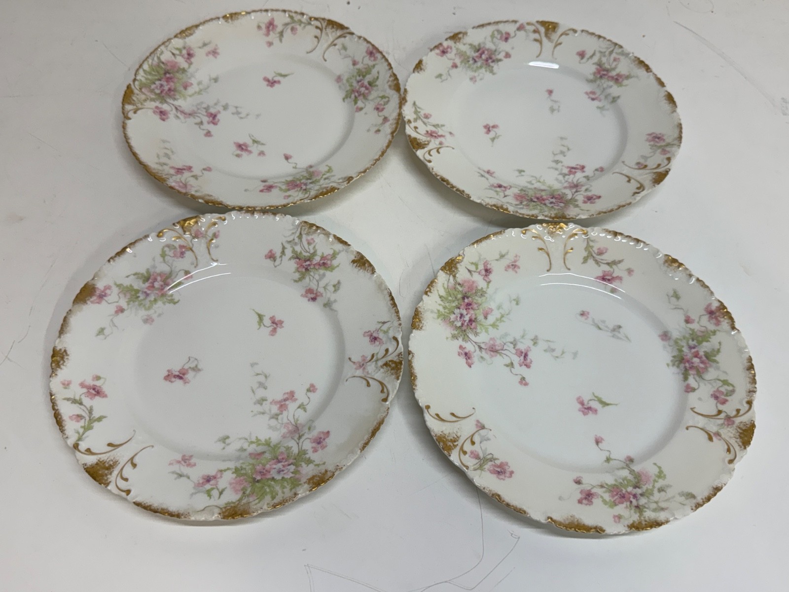 Antique Haviland Limoges Porcelain Set of 4 Plates w/ Pink Floral & Gold Trim