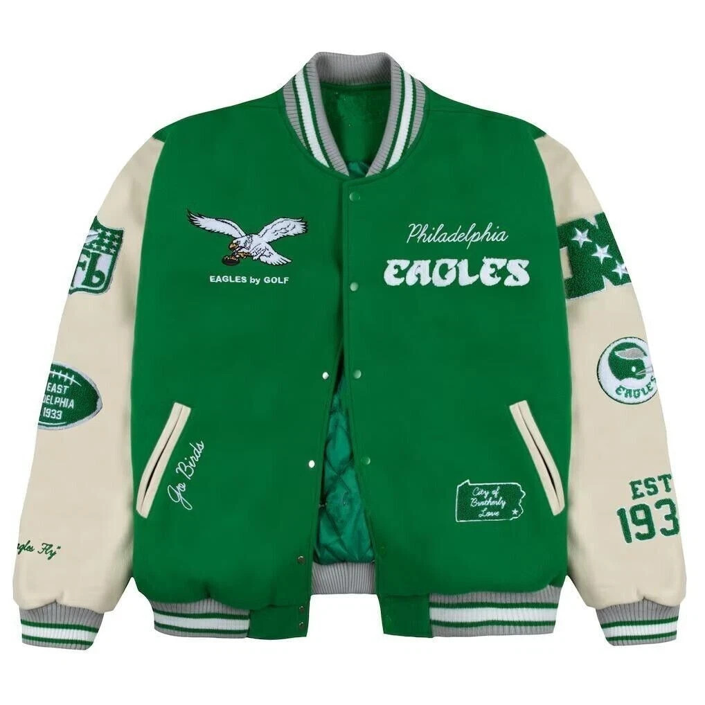 Philadel-phia Eagle-s Go Birds Kelly Green Varsity Bomber Letterman Jacket