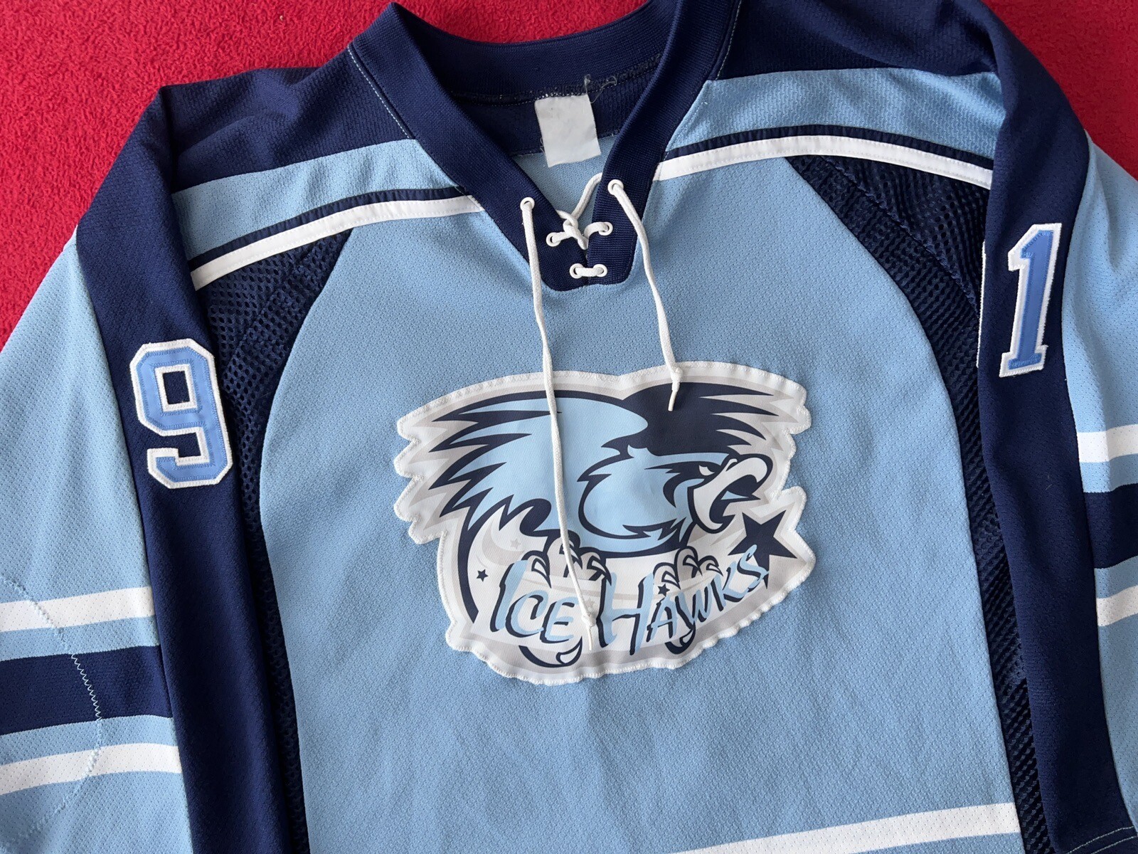 XL Vintage Ice Hawks #91 Blue Athletic Knit Hockey Jersey