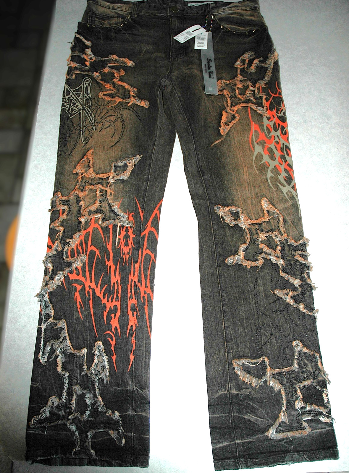 Smoke Rise Mens Gothic Grunge Flame Deconstructed Jeans Y2K Streetwear Size 38