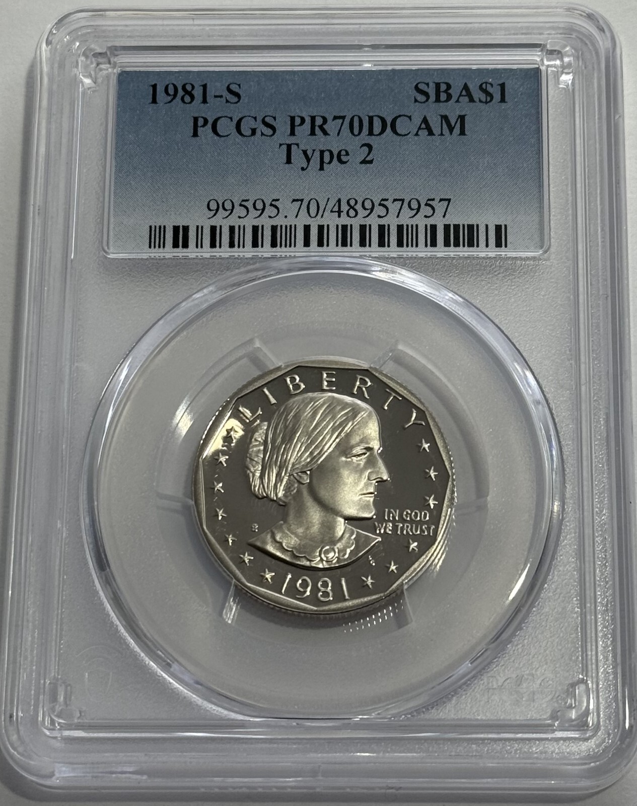 1981 S $1 Type 2 PCGS PR70 DCAM Cameo Proof Susan B. Anthony Dollar SBA Flat S 1981 S $1 Type 2 PCGS PR70 DCAM Cameo Proof Susan B. Anthony Dollar SBA Flat S