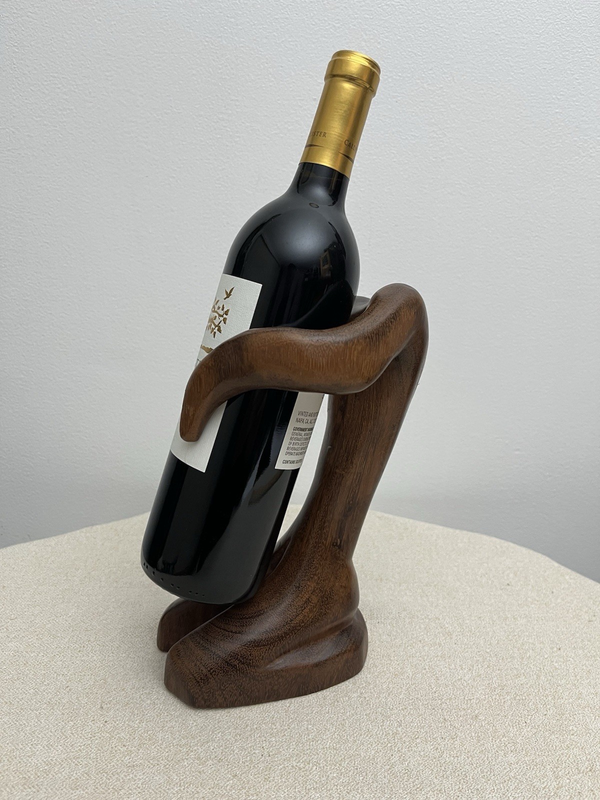🟠 VTG Hand Carved Abstract Wood Figure Sculpture Modernist Wine Bottle Holder