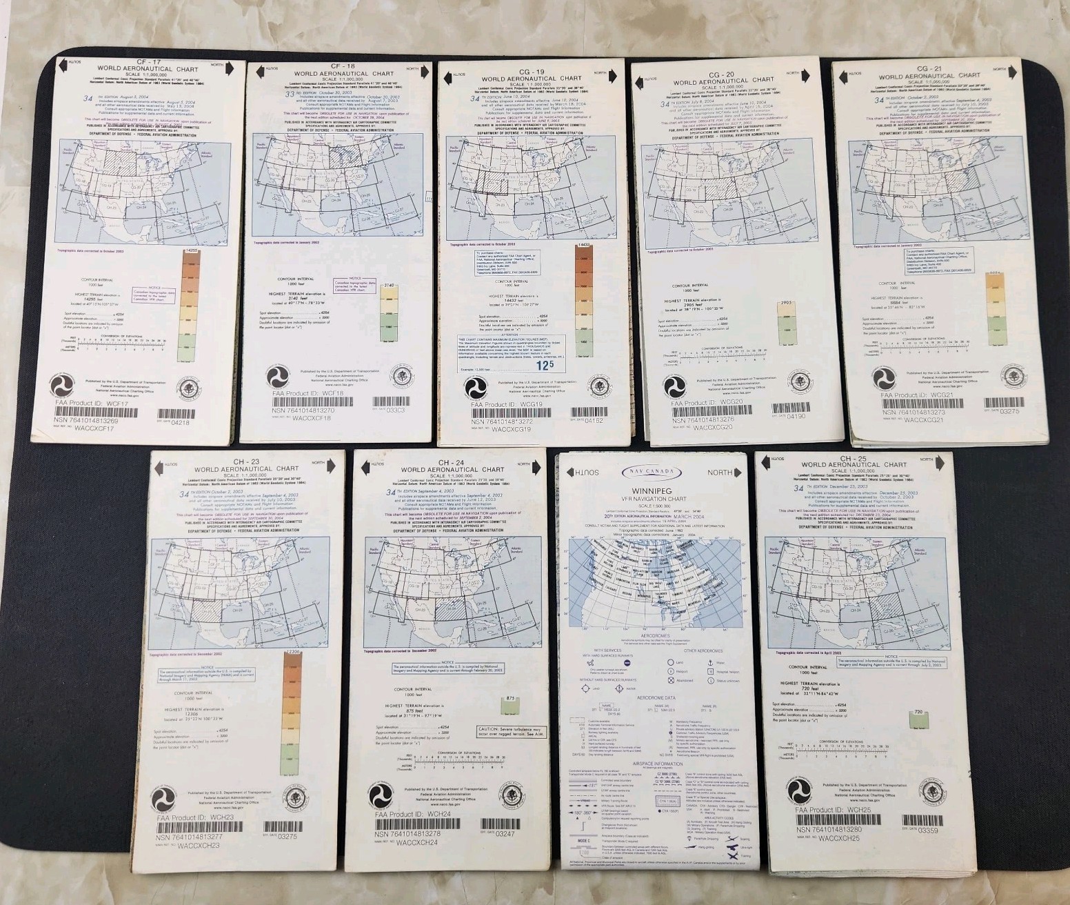 Vintage World Aeronautical Charts Lot Of 9  2003 & 2004