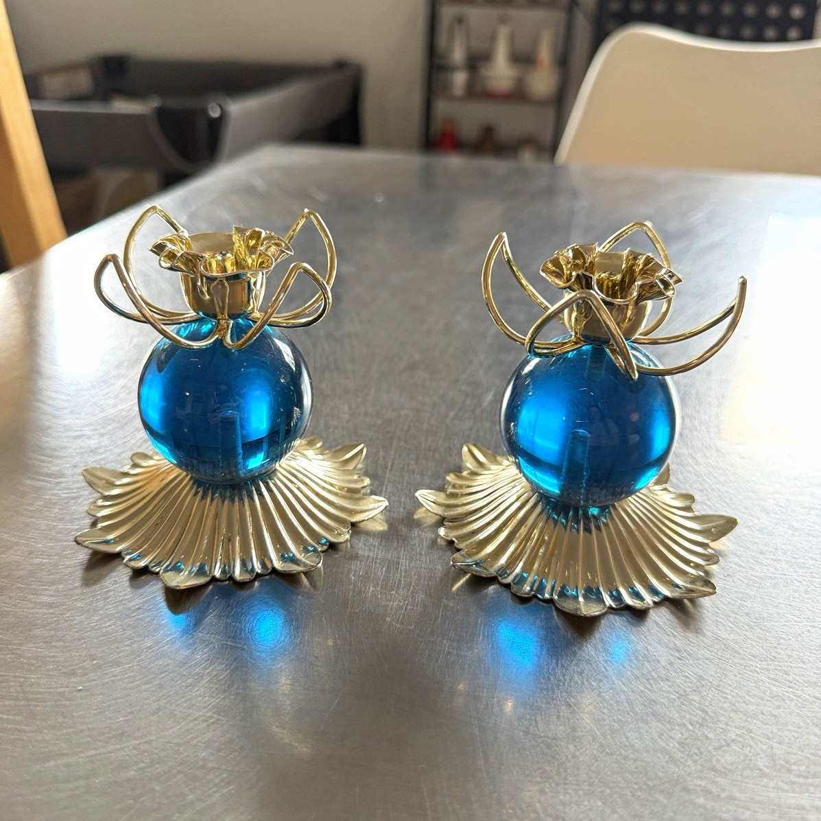 Vintage MCM Lucite Orb Candle Holders - Pair of Blue & Gold Atomic Era