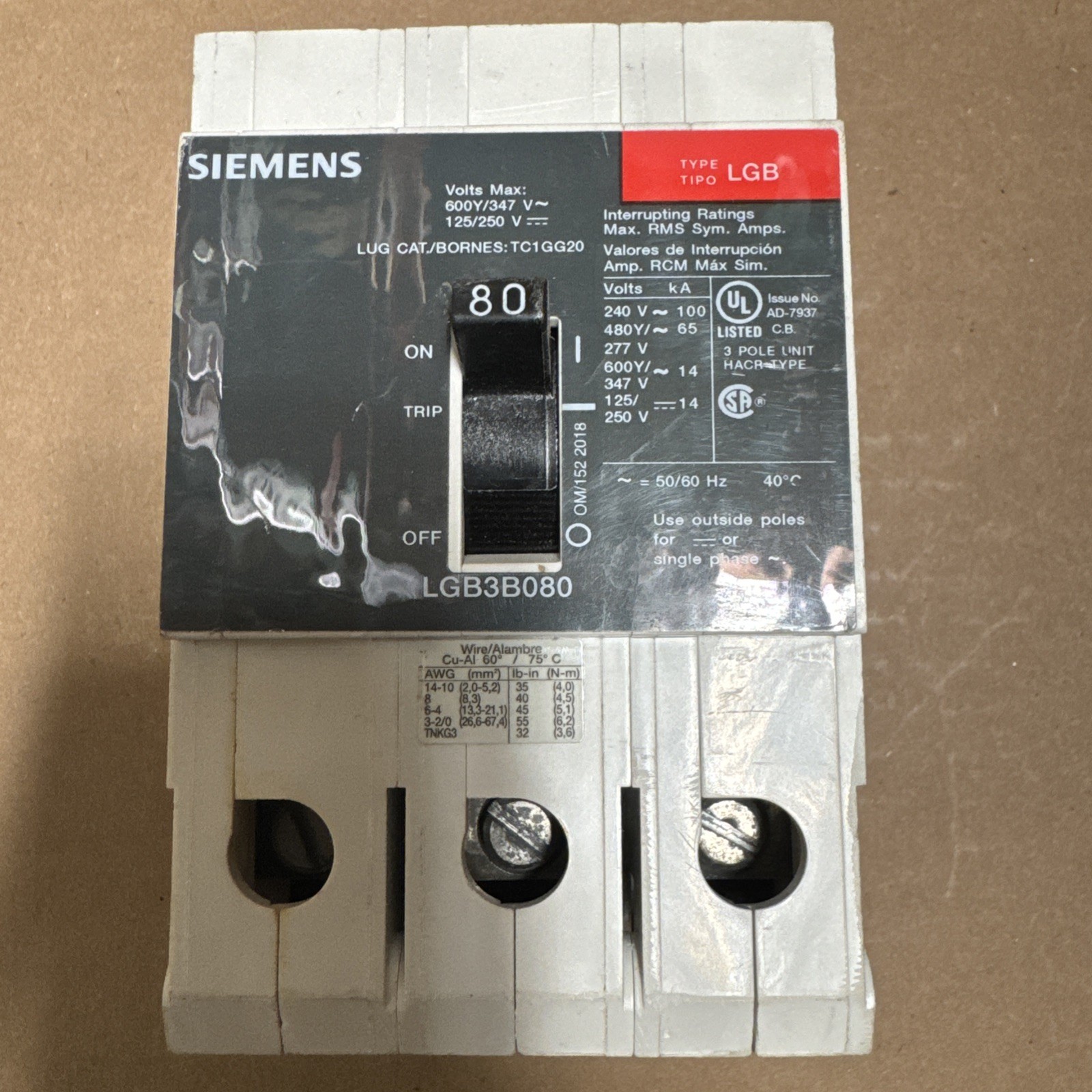 Siemens LGB3B080 80 Amp 3 Pole 600Y/347V LGB Bolt On Circuit Breaker SEE PICS