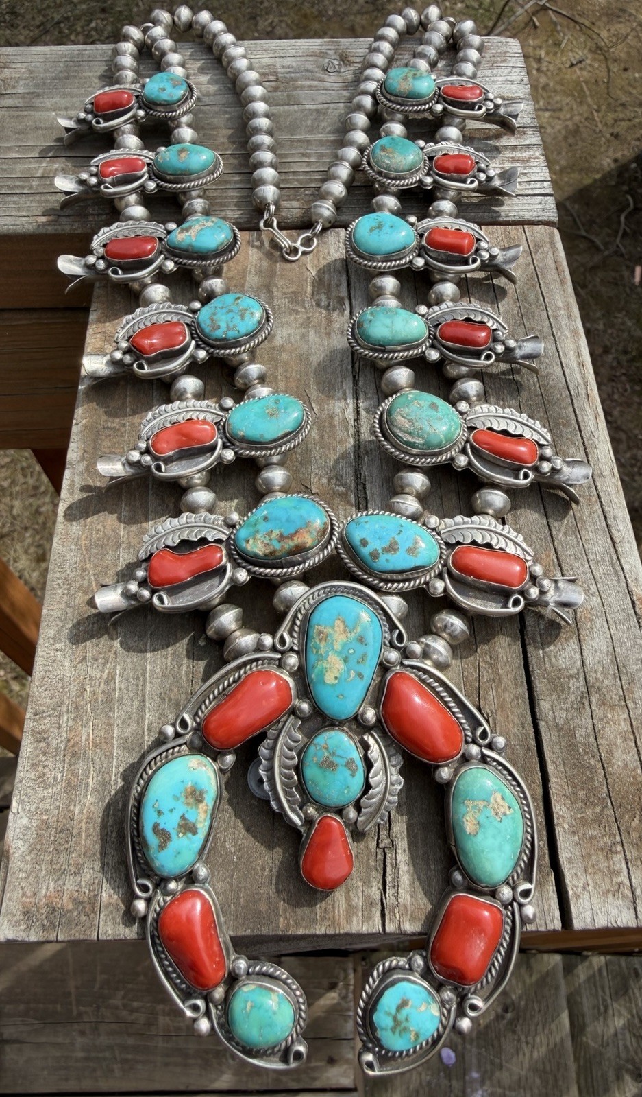 NATIVE AMERICAN NAVAJO STUNNING TURQUOISE & CORAL SQUASHBLOSSOM NECKLACE 252GRMS NATIVE AMERICAN NAVAJO STUNNING TURQUOISE & CORAL SQUASHBLOSSOM NECKLACE 252GRMS