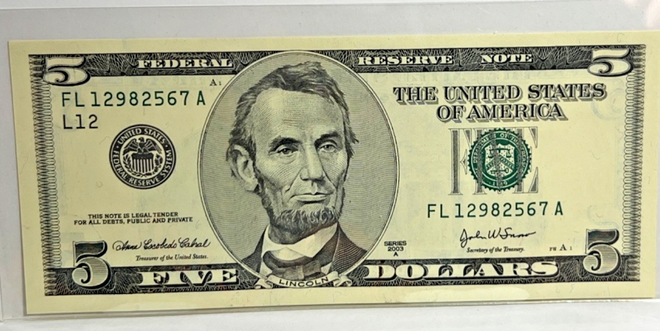 $5 2003-A   FL-A BLOCK (fw)   SAN FRANCISCO CRISP UNCIRCULATED CURRENCY BANKNOTE