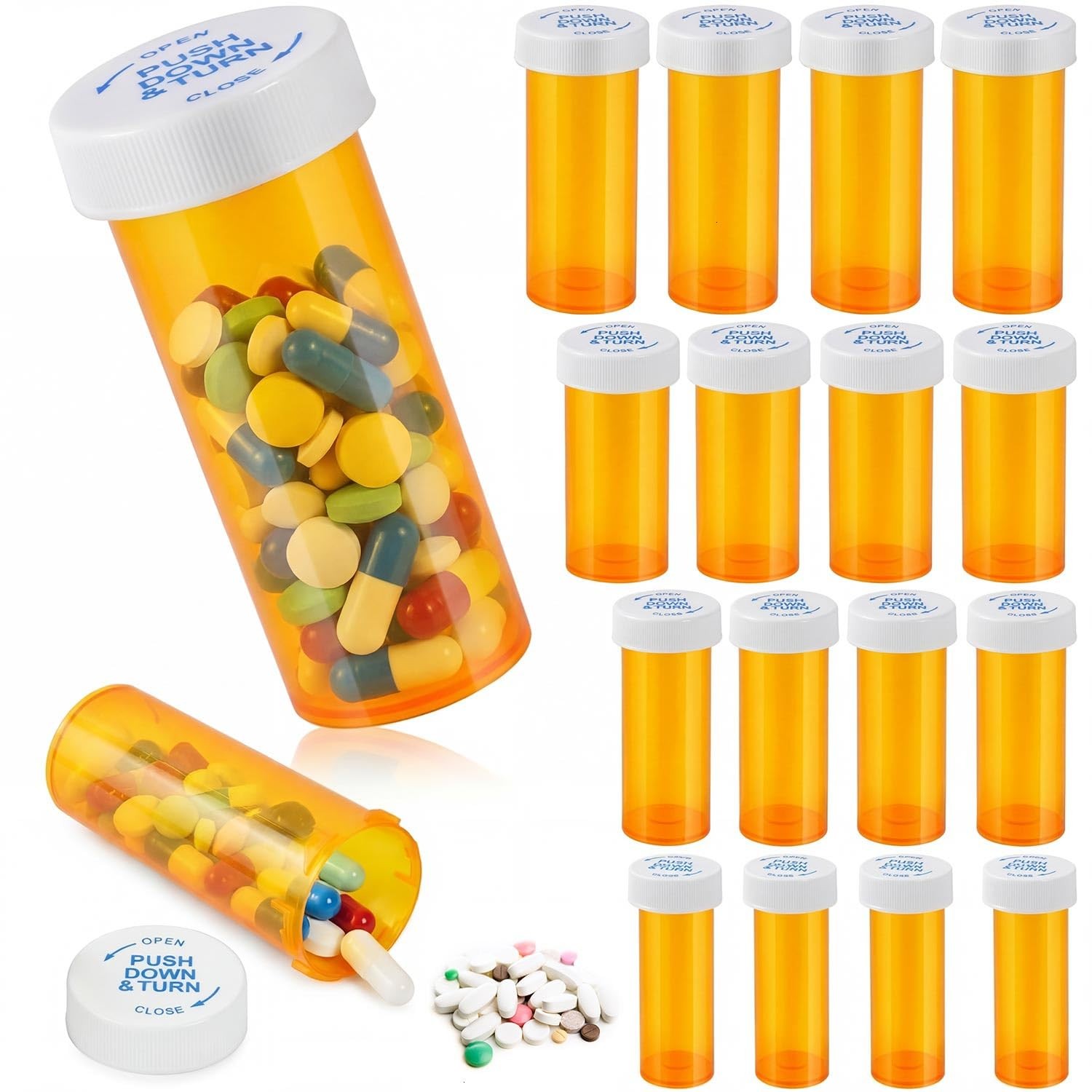 16 Pack Empty Pill Bottles with Child Resistant Caps 6 8 13 16 Dram