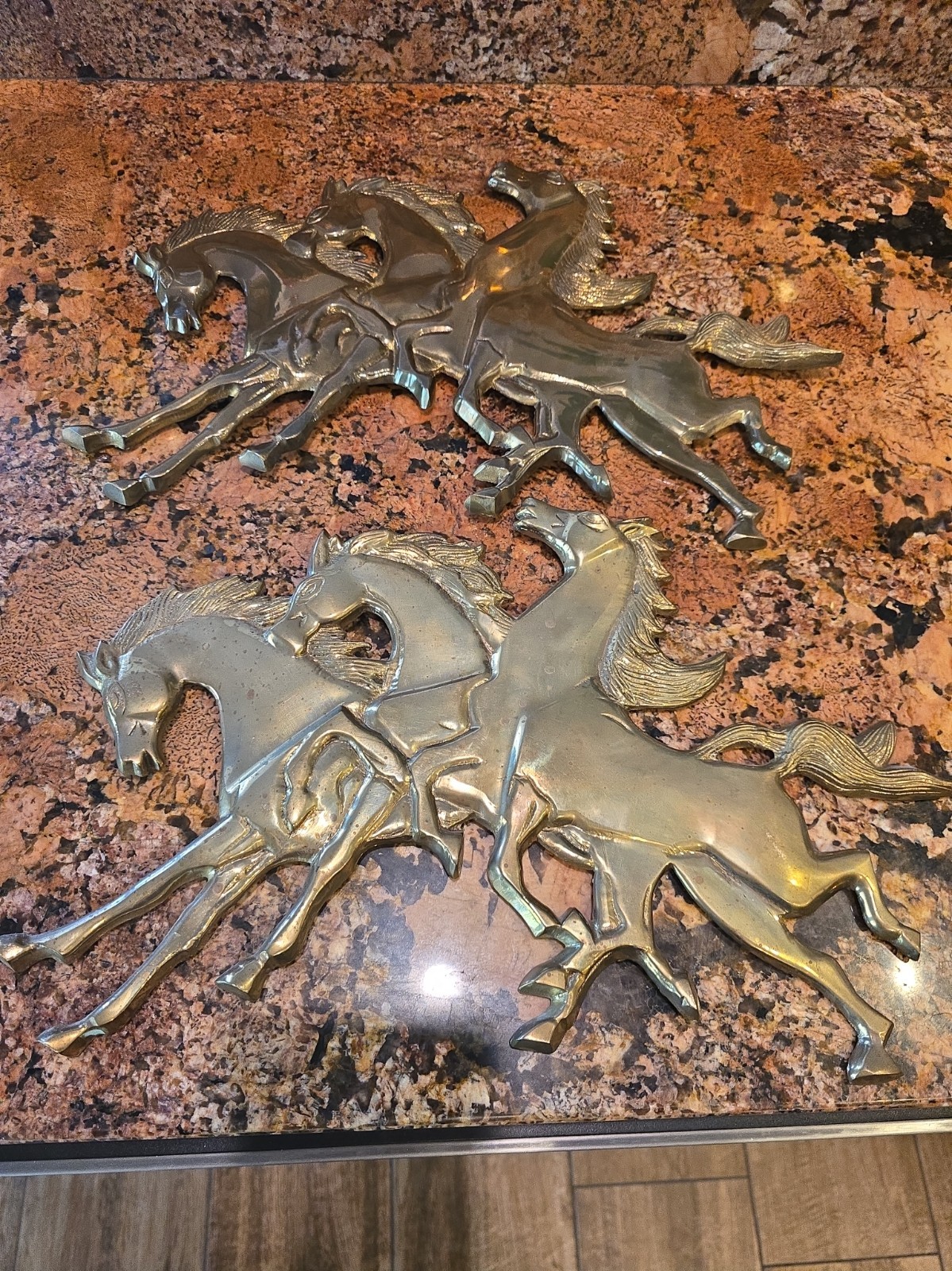 Vtg Set Of 2 Running Wild Horses *Solid Brass* Wall Hangings 16x10 Vtg Set Of 2 Running Wild Horses *Solid Brass* Wall Hangings 16x10