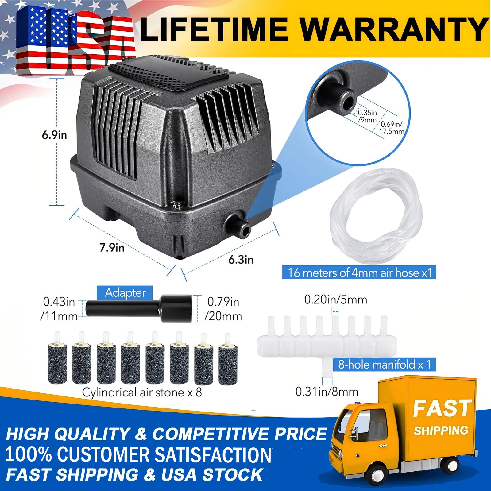 855 GPH Linear Pond Air Pump, Pond Aerator for Outdoor Up to 10000 Gallons USA