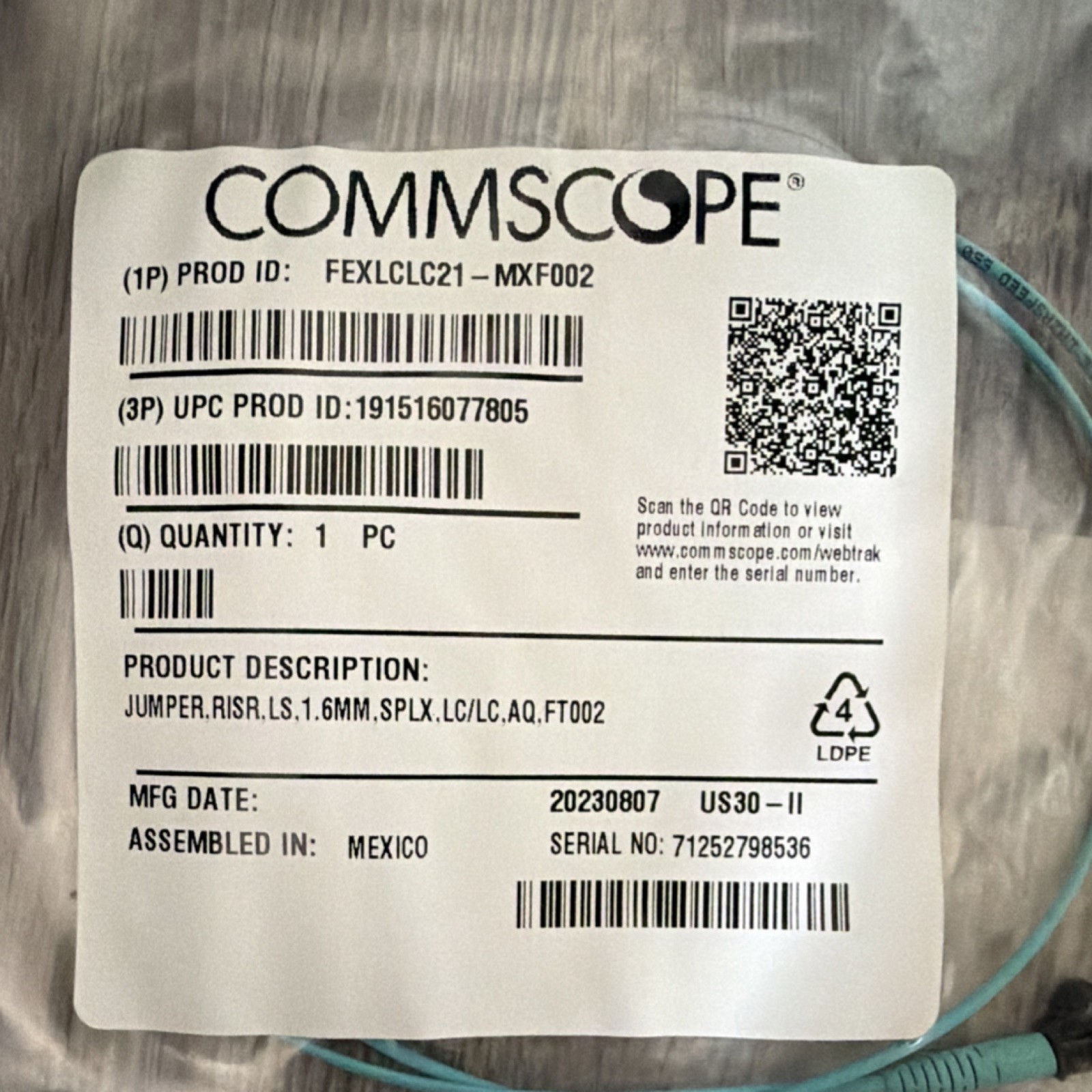 CommScope Simplex LC-LC Aqua Optical Network Cable FEXLCLC21-MXF002  SET OF 20