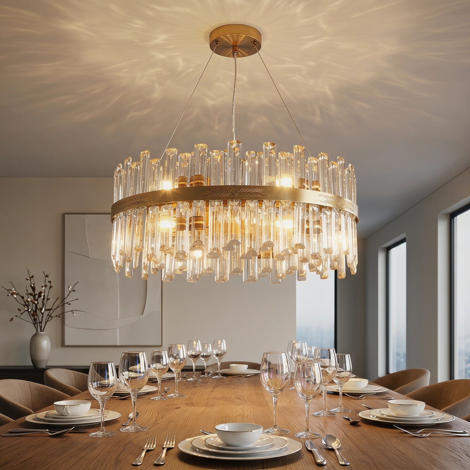 24\'\' Crystal Chandelier 12 Light Modern LED Gold Pendant Ceiling Kitchen Fixture