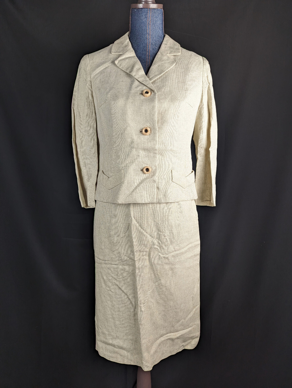 Vintage 1960s Womens Dress Skirt Suit Set Size 4 Fitted Jacket Blazer Ivory
