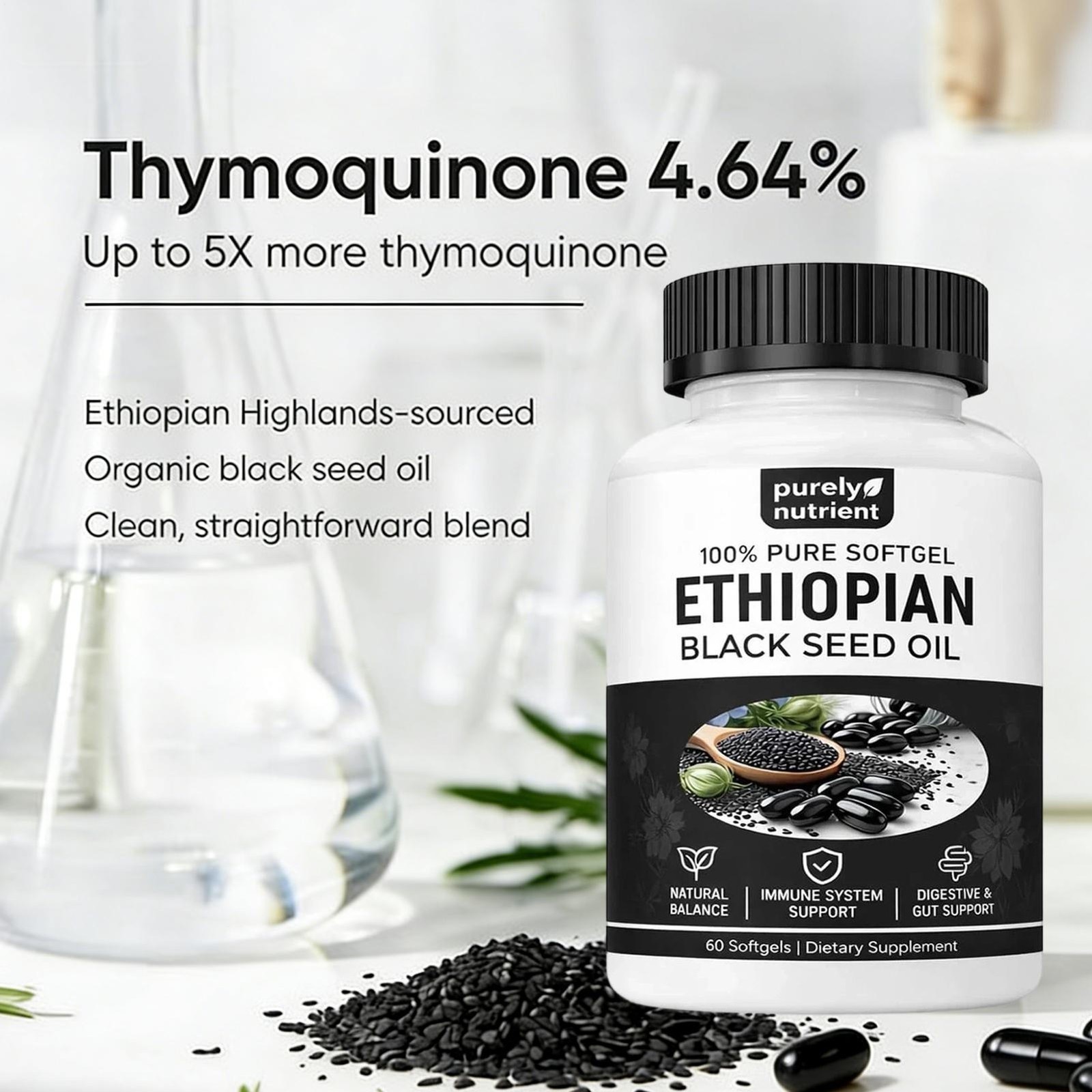 Ethiopian Black Seed Oil Softgels |4.64% Thymoquinone |Gluten-Free, 60 Capsules