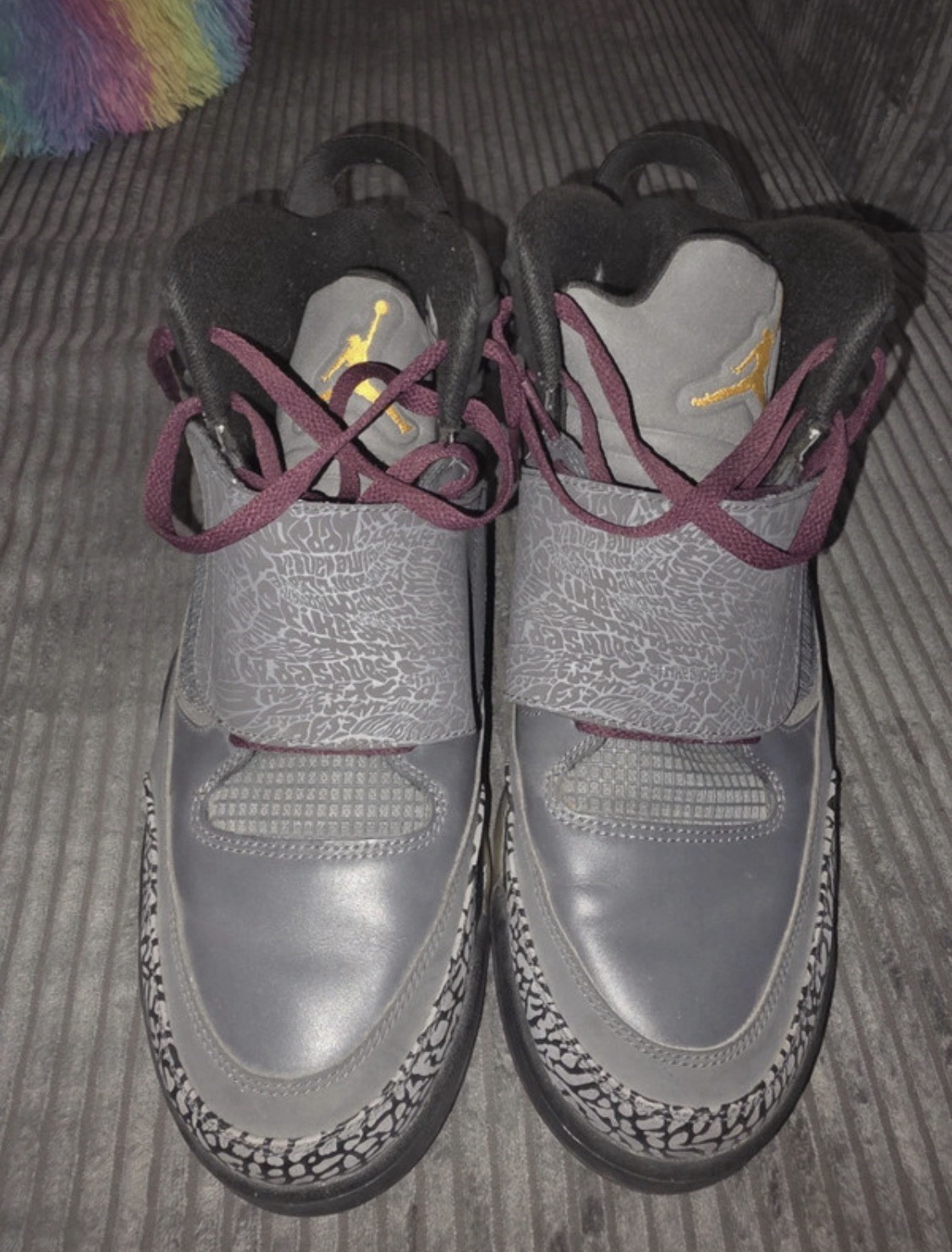 Jordan Mid Top Men\'s Athletic Sneakers Gray/Black/Purple/Teal Animal Print