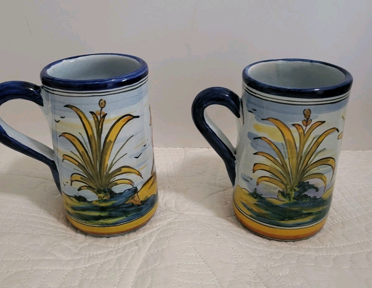 Set Of 2 Talavera Talabricense Colorful Mexican Art Pottery Hand Painted Mugs