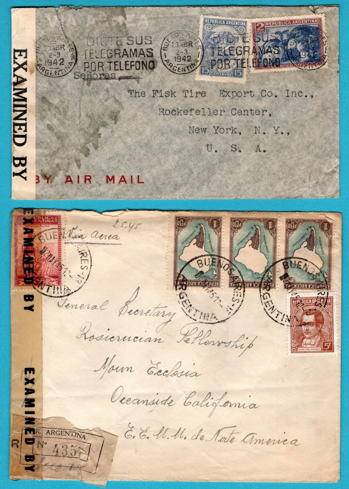 ARGENTINA 2 censor air covers 1942-45 Buenos Aires to USA