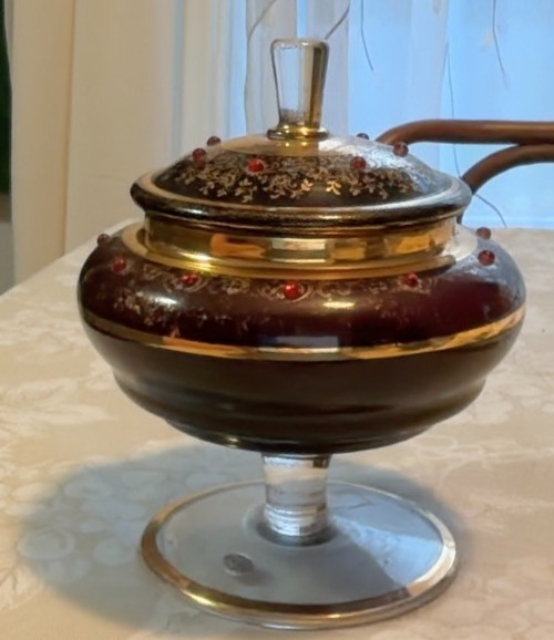Vintage Cobalt Blue & Clear Glass with Gold Gilt Pedestal Covered Candy  Dish 8\
