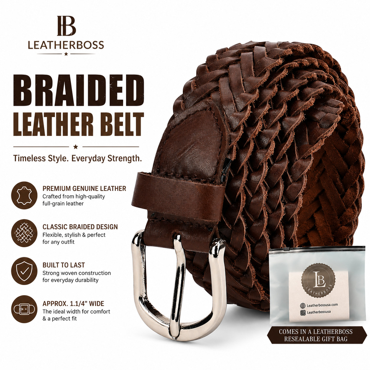 Leatherboss Genuine Leather Men Casual Belt Braided, Brown