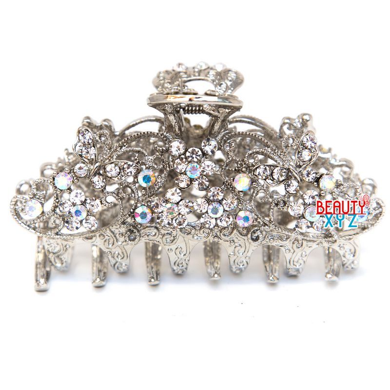 Medium antique style silver metal Butterfly Rhinestones Crystal hair claw Clip